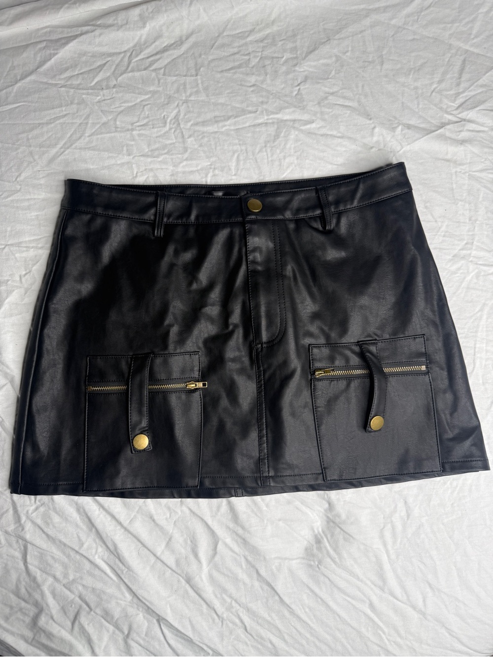 Black Faux Leather Mini Skirt with Gold Zip Pocket Detail